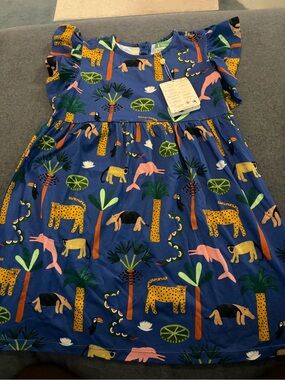 Fabula Girls' Blue Jungle Animal Print Flutter-Sleeve Dress NWT